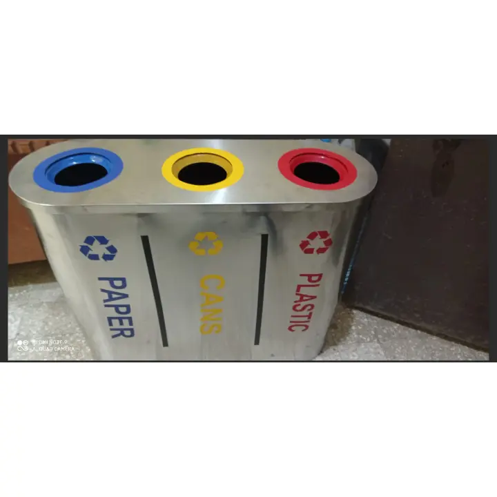 Triple Recycling Bin 3 Compartment Metal Garbage Can